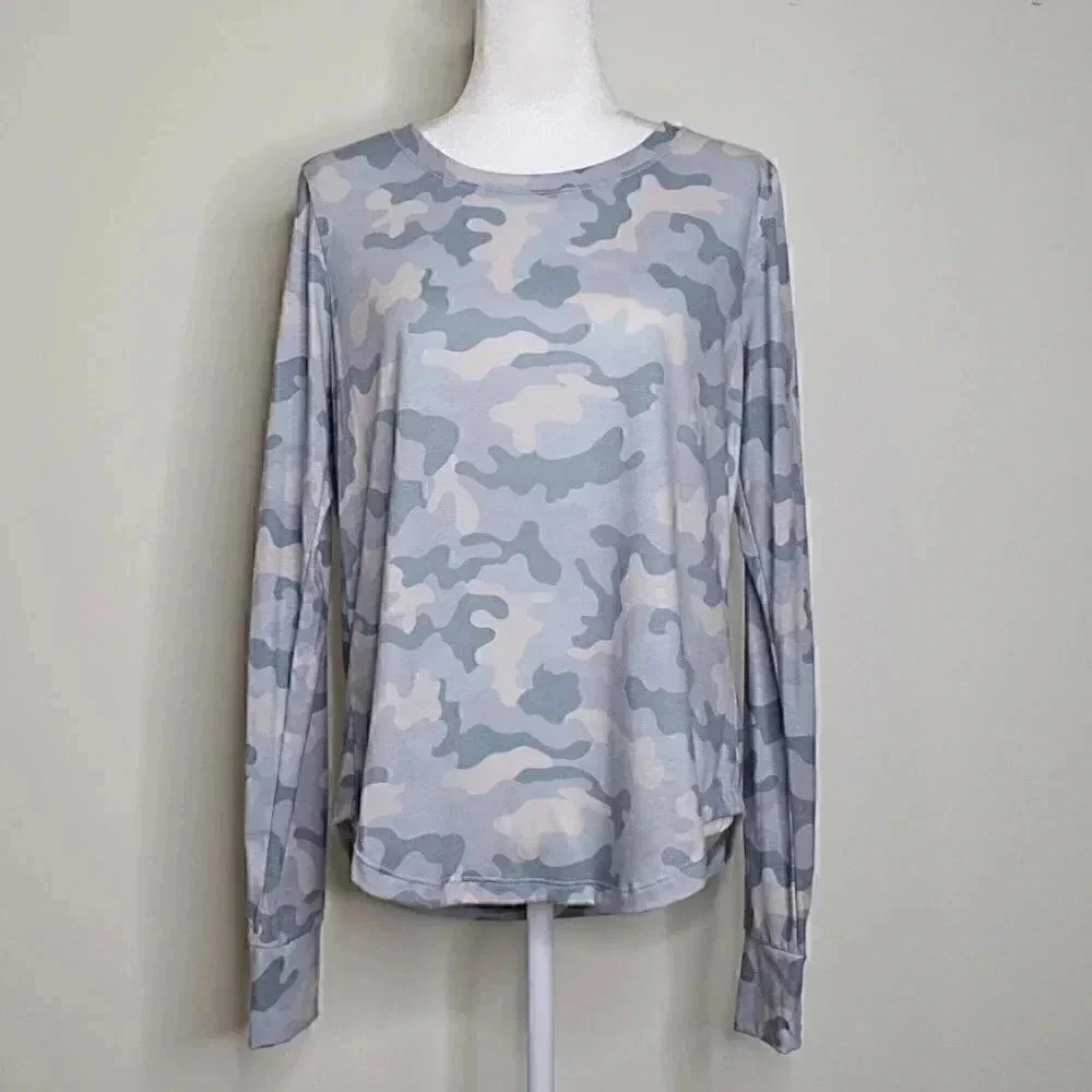 ZELOS Long Sleeve With Thumbholes - Blue & Gray Camo Design Athletic Tee - Large